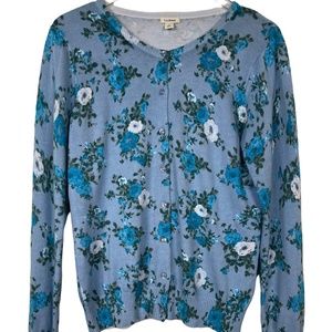 L.L. Bean Blue and White Floral Rose print cardigan sweater button preppy casual
